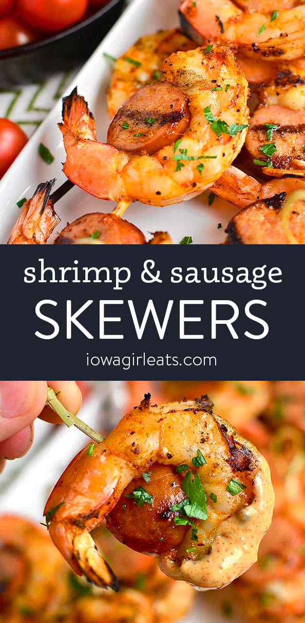 Photo collage of of shrimp & sausage skewers