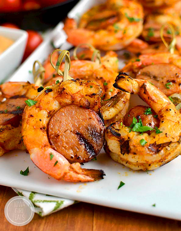 Spicy Shrimp and Sausage Skewers on a platter