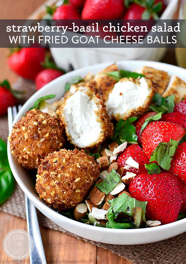 fried goat cheese balls on a strawberry basil chicken salad