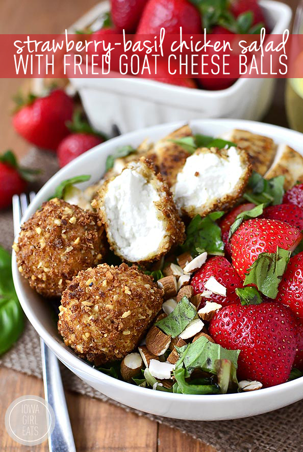 Strawberry-Basil Chicken Salad with Fried Goat Cheese Balls is a fresh and flavor-packed dish - crunchy, creamy, sweet, and savory! #glutenfree | iowagirleats.com