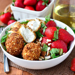 Strawberry-Basil Chicken Salad with Fried Goat Cheese Balls