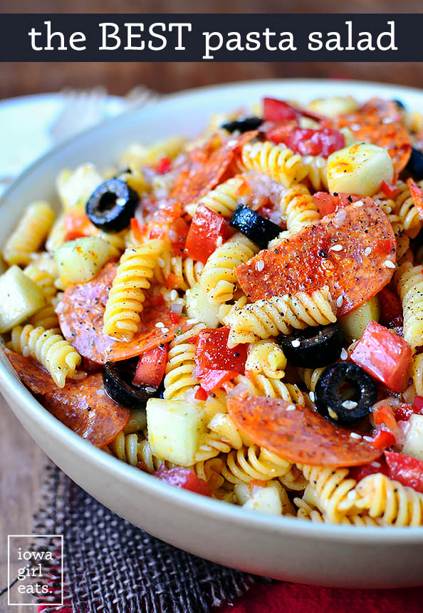 the best pasta salad in a serving bowl