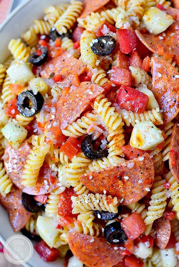 overhead photo of a bowl of pasta salad