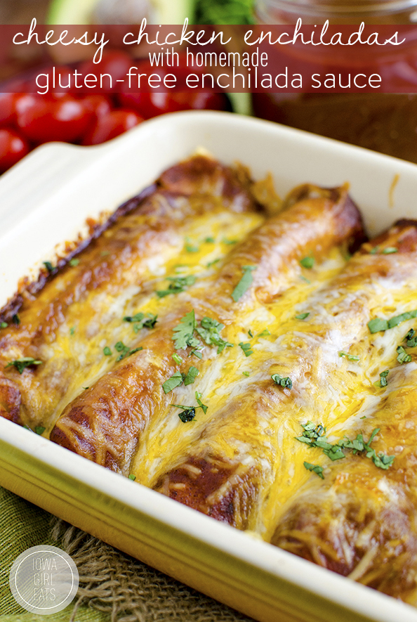 Cheesy Chicken Enchiladas with Homemade Gluten-Free Enchilada Sauce will please the whole family. Make ahead, and so simple! #glutenfree | iowagirleats.com