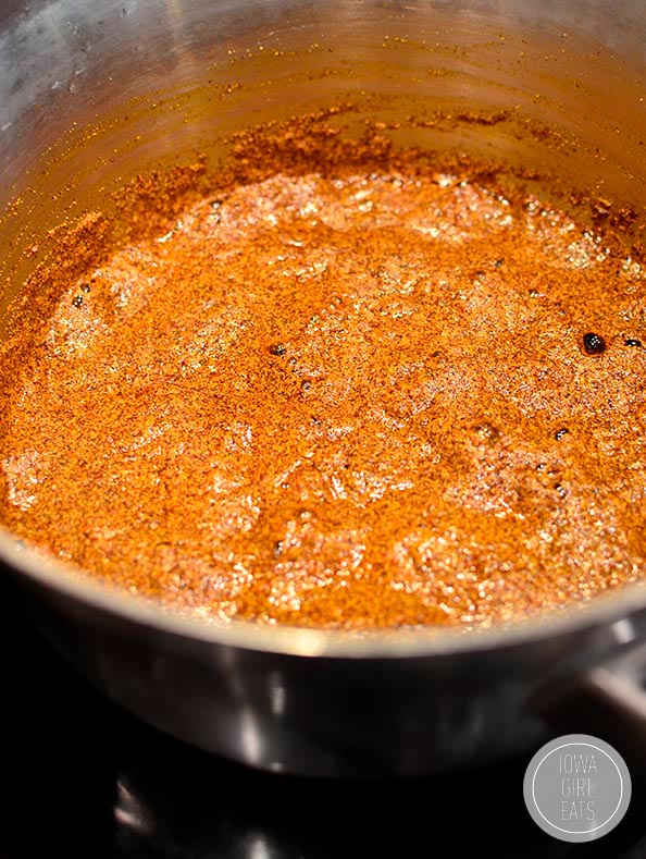 homemade gluten free enchilada sauce in a pot