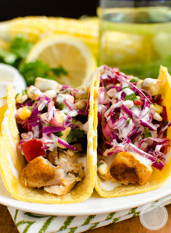 baja style fish tacos on a plate