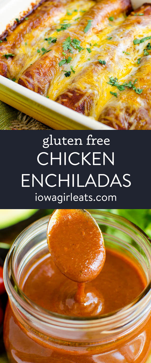 photo collage of gluten free chicken enchiladas with homemade sauce