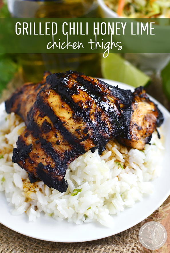 Grilled Chili Honey Lime Chicken Thighs are quick, flavorful and so tender - one of my favorite grilling recipes! #glutenfree | iowagirleats.com