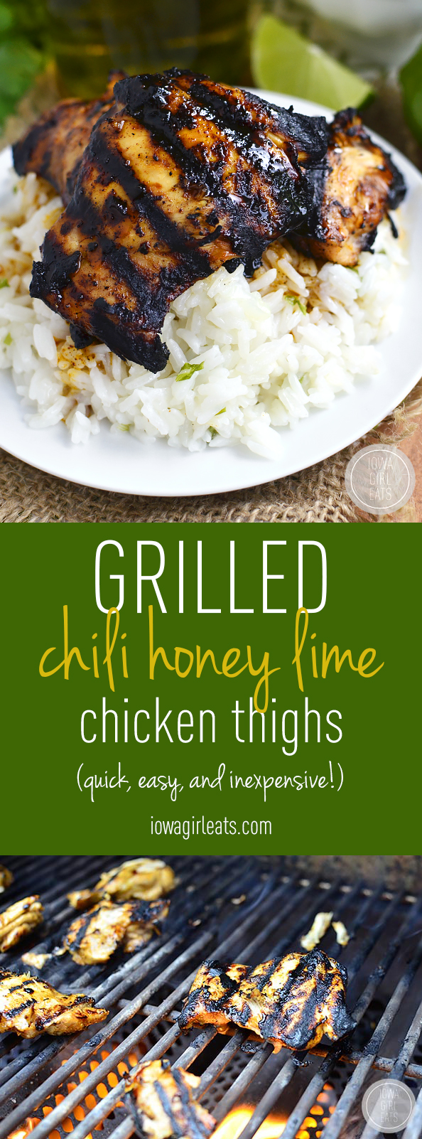 Grilled Chili Honey Lime Chicken Thighs are quick, flavorful and so tender - one of my favorite grilling recipes! #glutenfree | iowagirleats.com