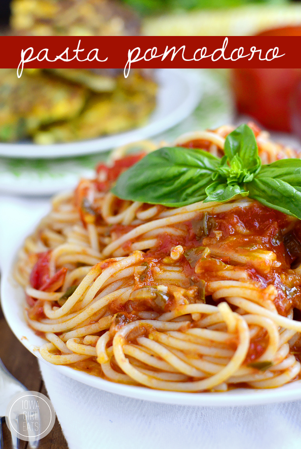 Pasta Pomodoro is the perfect recipe to highlight juicy, ripe summer tomatoes. This pasta dish is light and fresh! #glutenfree | iowagirleats.com
