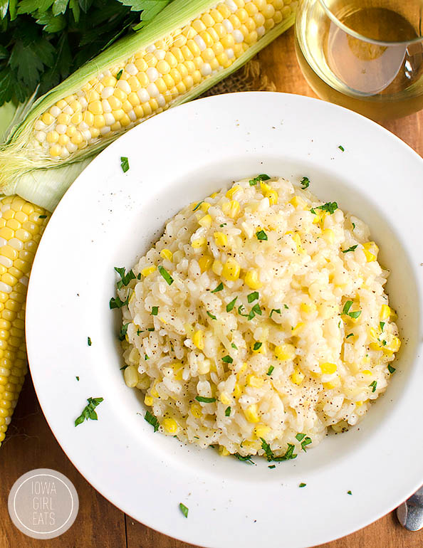 overhead photo of a bowl of sweet corn risotto