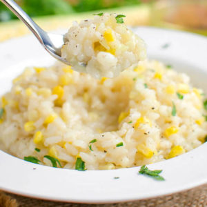sweet corn risotto in a bowl