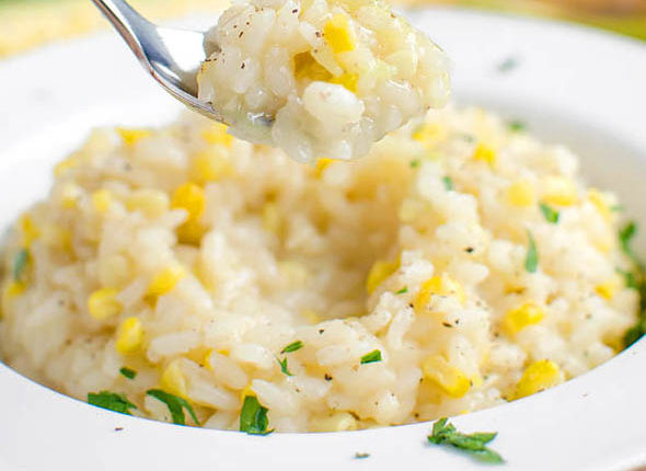sweet corn risotto in a bowl