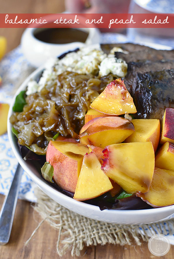 Balsamic Steak and Peach Salad is a fresh and filling entree salad with the sweet and savory flavors of balsamic vinegar. #glutenfree | iowagirleats.com