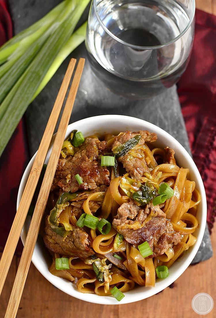 Gluten-Free Mongolian Beef Noodle Bowls taste just like take out, swapping rice for chewy rice noodles! | iowagirleats.com