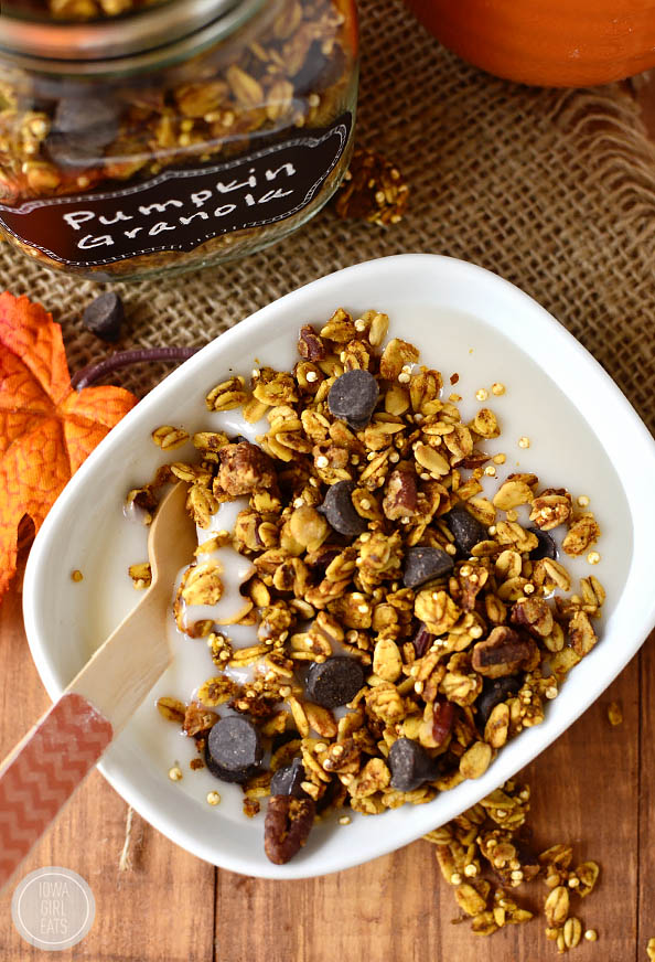 Pumpkin Spice Chocolate Granola is just sweet enough and spiced with the unmistakable flavors of fall, with a hint of dark chocolate. Gluten-free and refined-sugar-free, too! | iowagirleats.com
