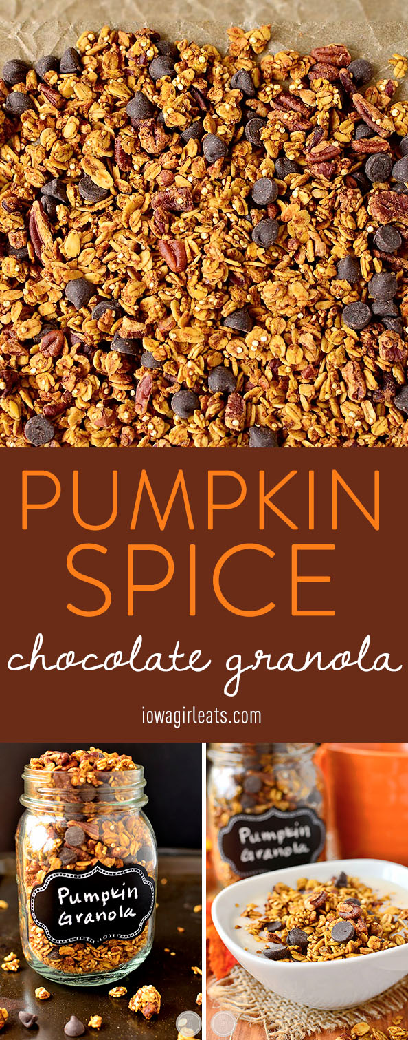 Pumpkin Spice Chocolate Granola is just sweet enough and spiced with the unmistakable flavors of fall, with a hint of dark chocolate. Gluten-free and refined-sugar-free, too! | iowagirleats.com