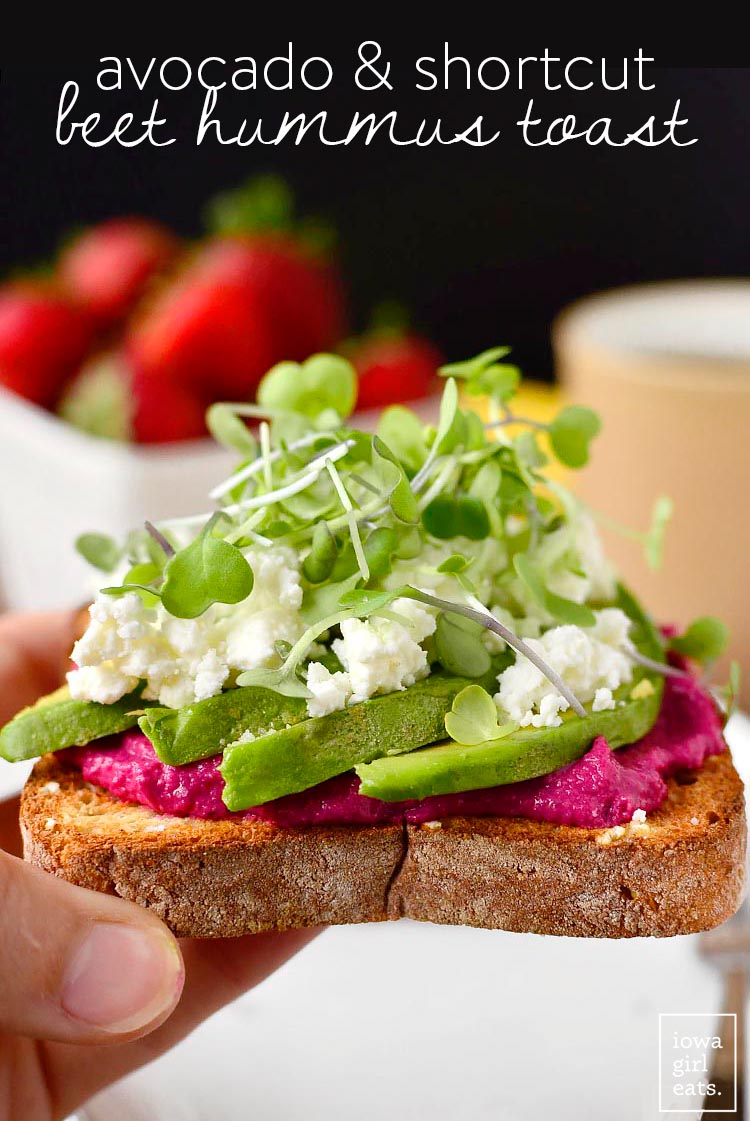 Avocado and Shortcut Beet Hummus Toast is a nutritional powerhouse! Eat for breakfast to power through your morning, or anytime you need a boost. Easily made gluten-free, too! | iowagirleats.com