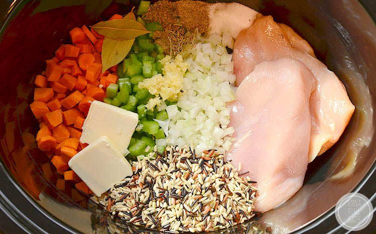 ingredients for chicken and wild rice soup in a crock pot