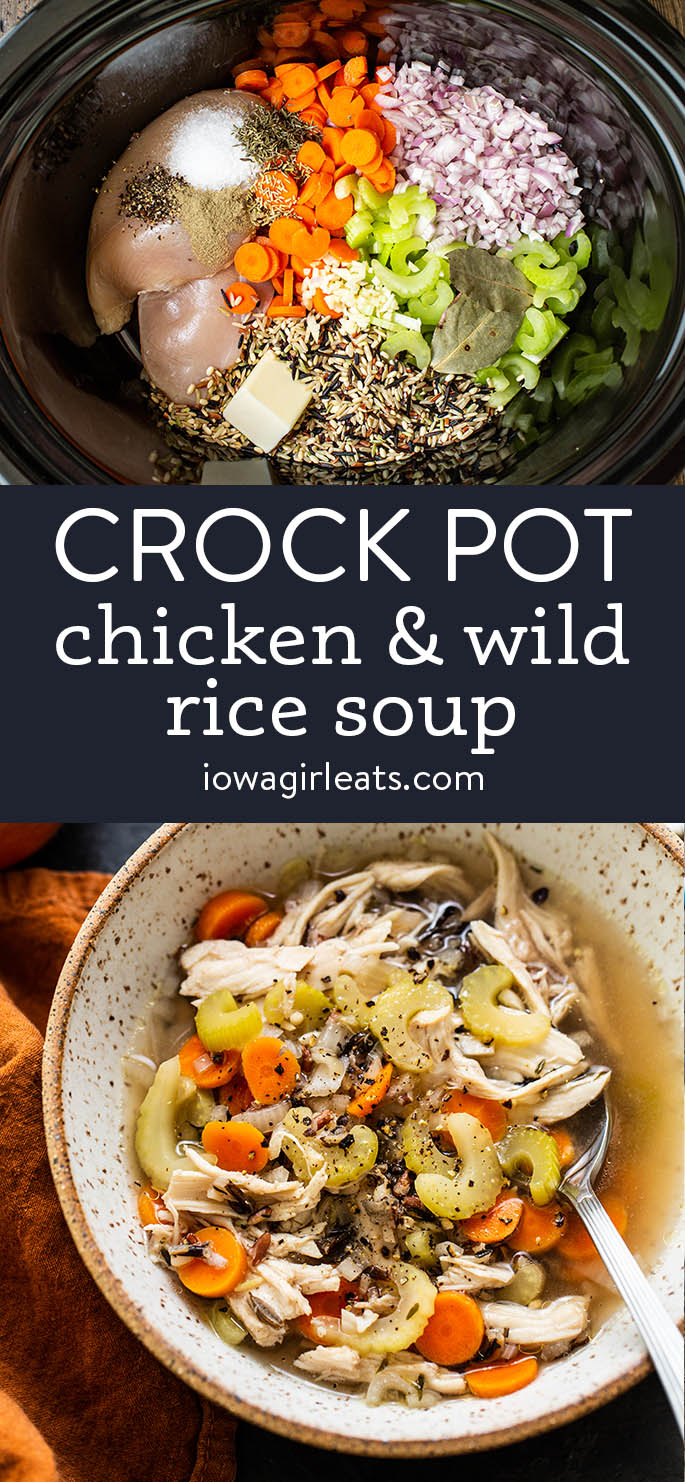 photo collage of a photo above of a bowl of clay pot chicken wild rice soup