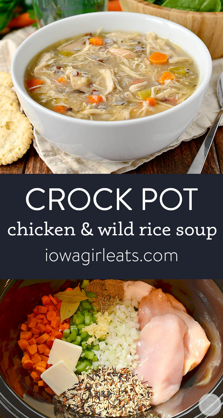 Photo collage of crock pot chicken and wild rice soup