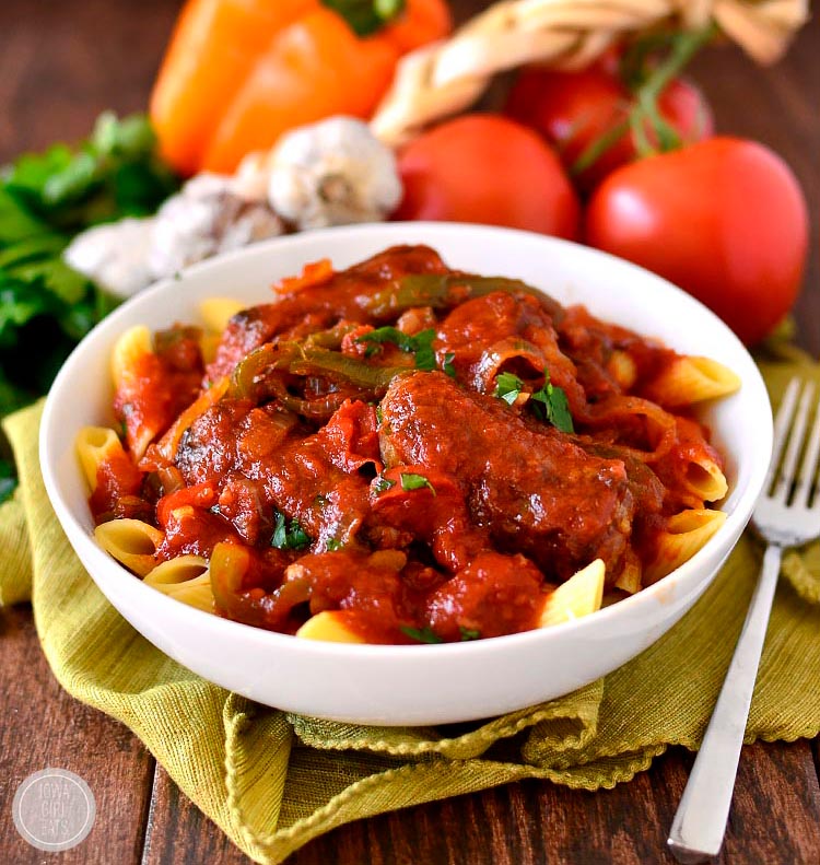 Sausage and pepper bowl photo on pasta