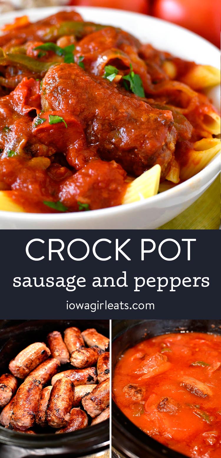 photo collage of crock pot sausage and peppers