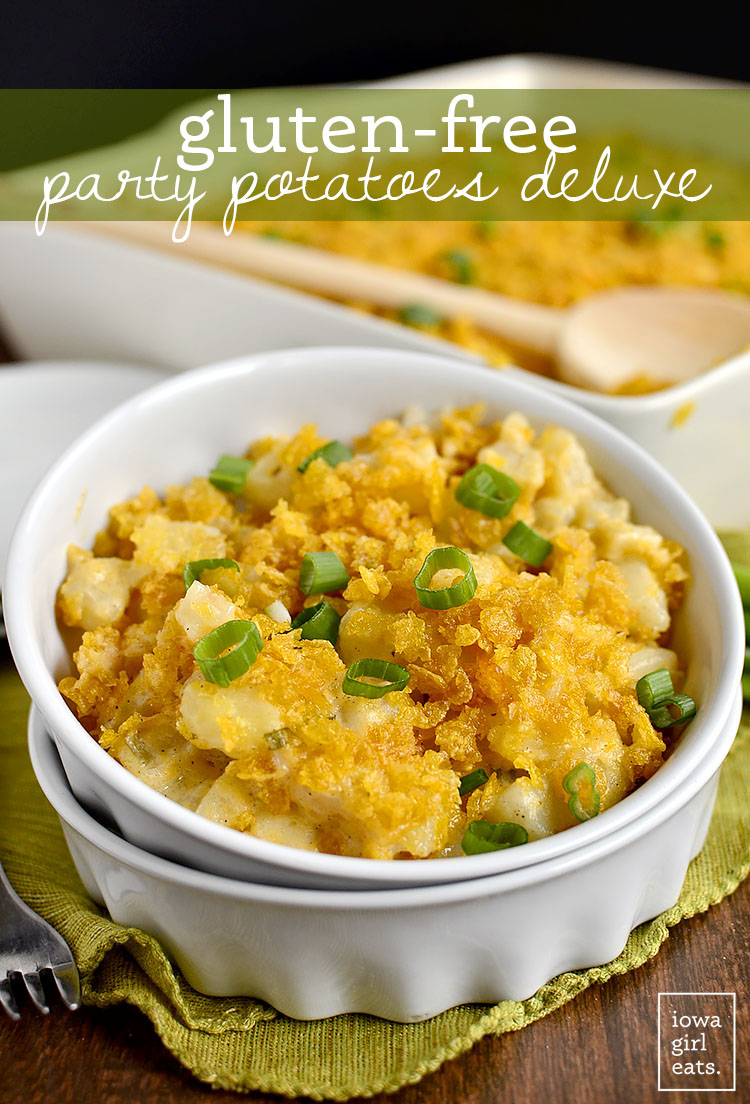 Gluten-Free Party Potatoes Deluxe has all the decadent, craveable flavor as the original, but is completely gluten-free! | iowagirleats.com