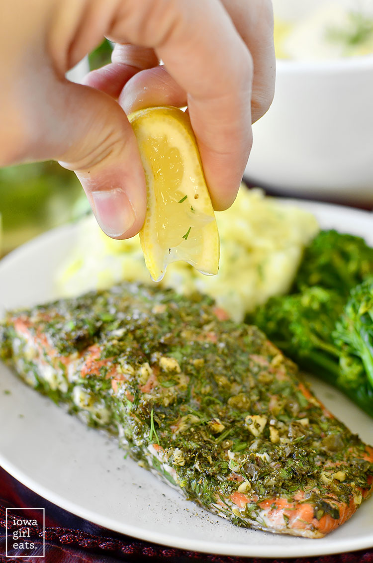 Herb and Caper Crusted Salmon is a light and healthy gluten-free dinner that takes just 20 minutes start to finish! | iowagirleats.com