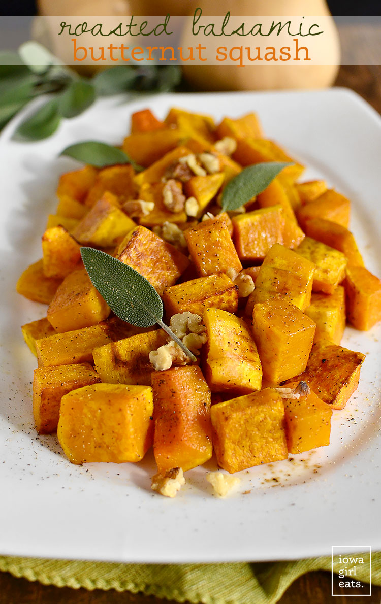 Roasted Balsamic Butternut Squash is easy and delicious. Serve as a fresh and seasonal gluten-free side with any weeknight or holiday meal! | iowagirleats.com