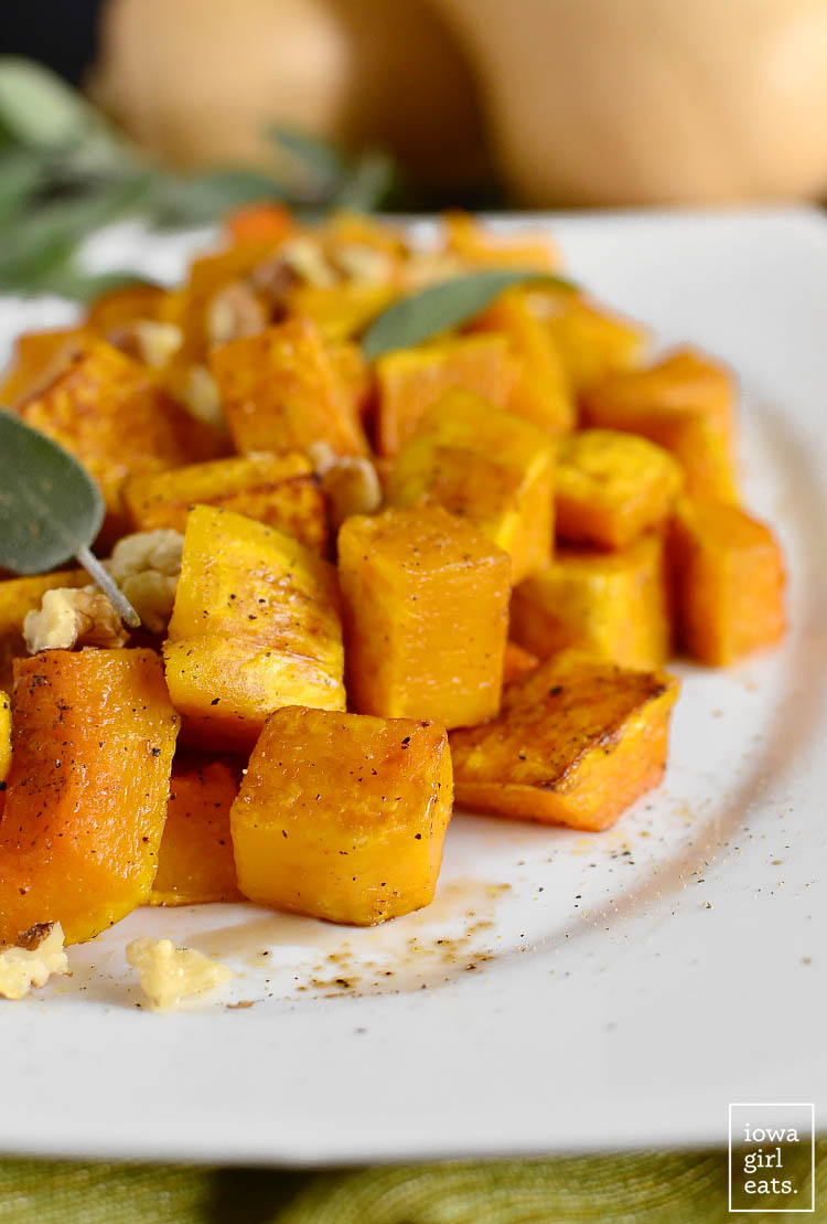 Roasted Balsamic Butternut Squash is easy and delicious. Serve as a fresh and seasonal gluten-free side with any weeknight or holiday meal! | iowagirleats.com