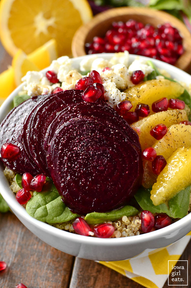 Roasted Beet, Orange, and Pomegranate Power Bowls will power you through your day. Packed with vibrant, good-for-you ingredients! | iowagirleats.com