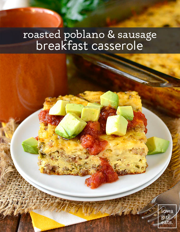 a slice of roasted poblano and sausage breakfast casserole on a plate