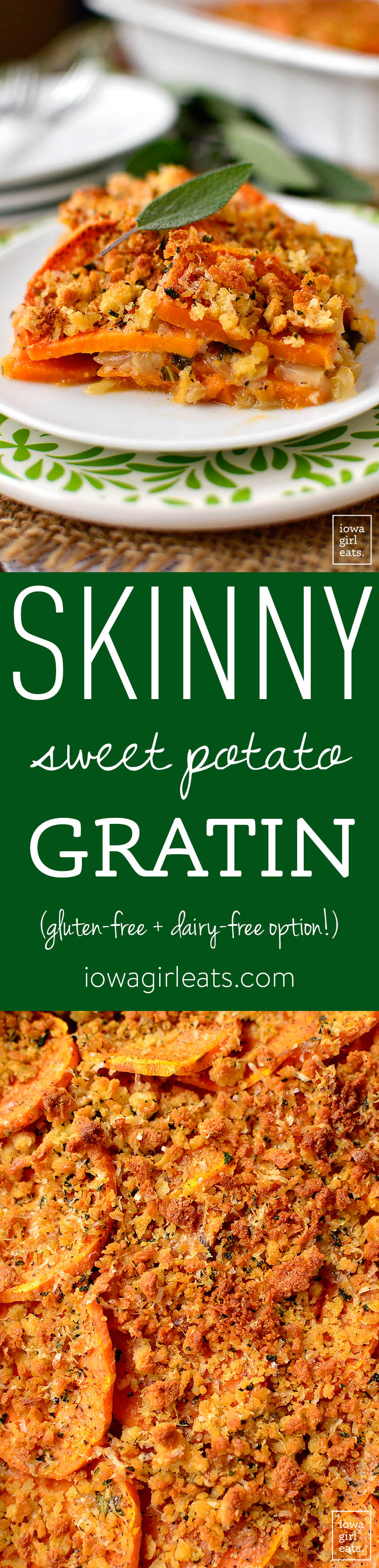 Skinny Sweet Potato Gratin tastes decadent yet is light, healthy, gluten-free and easily made dairy-free. A great swap for heavy, cream-laden holiday dishes! | iowagirleats.com