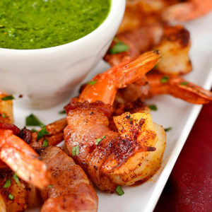 Bacon-Wrapped BBQ Shrimp with Chimichurri Dipping Sauce