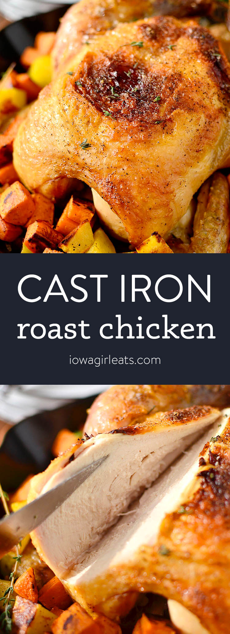 Photo collage of cast iron roast chicken