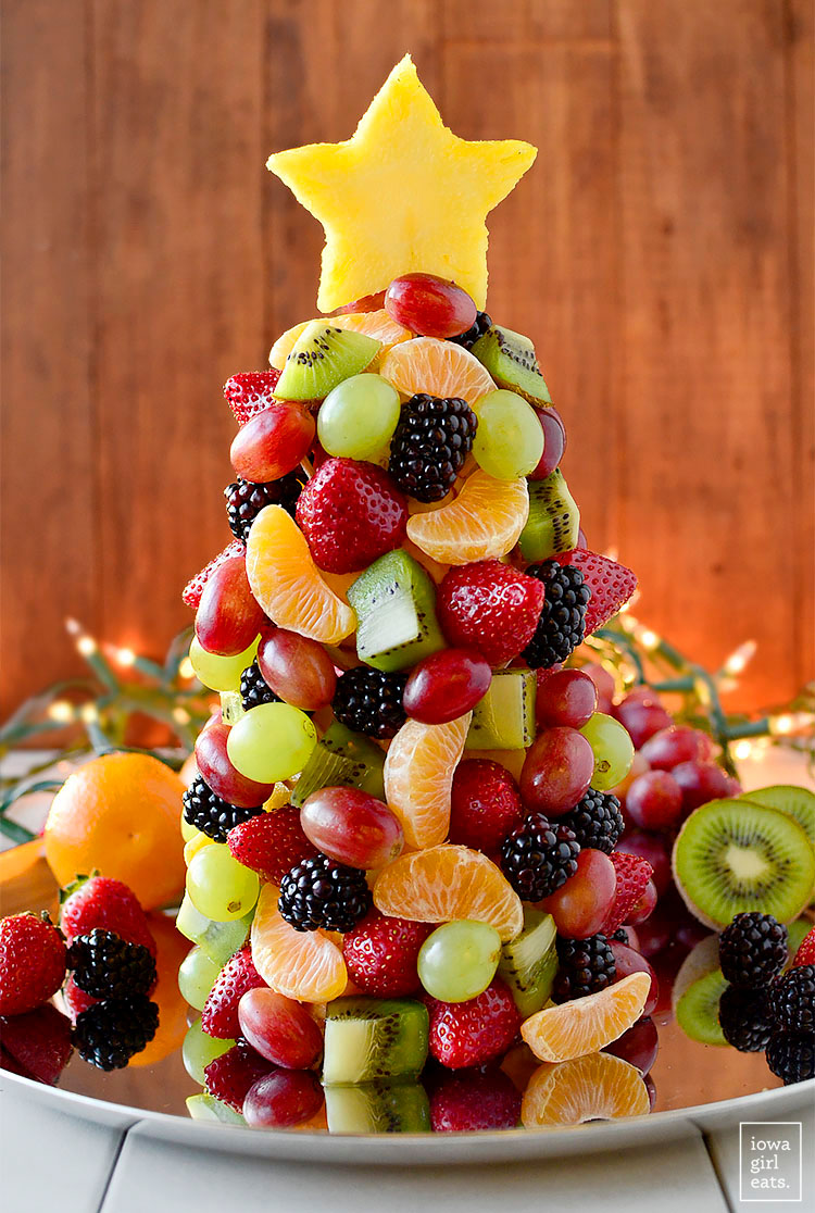 fruit christmas tree on a platter with lights