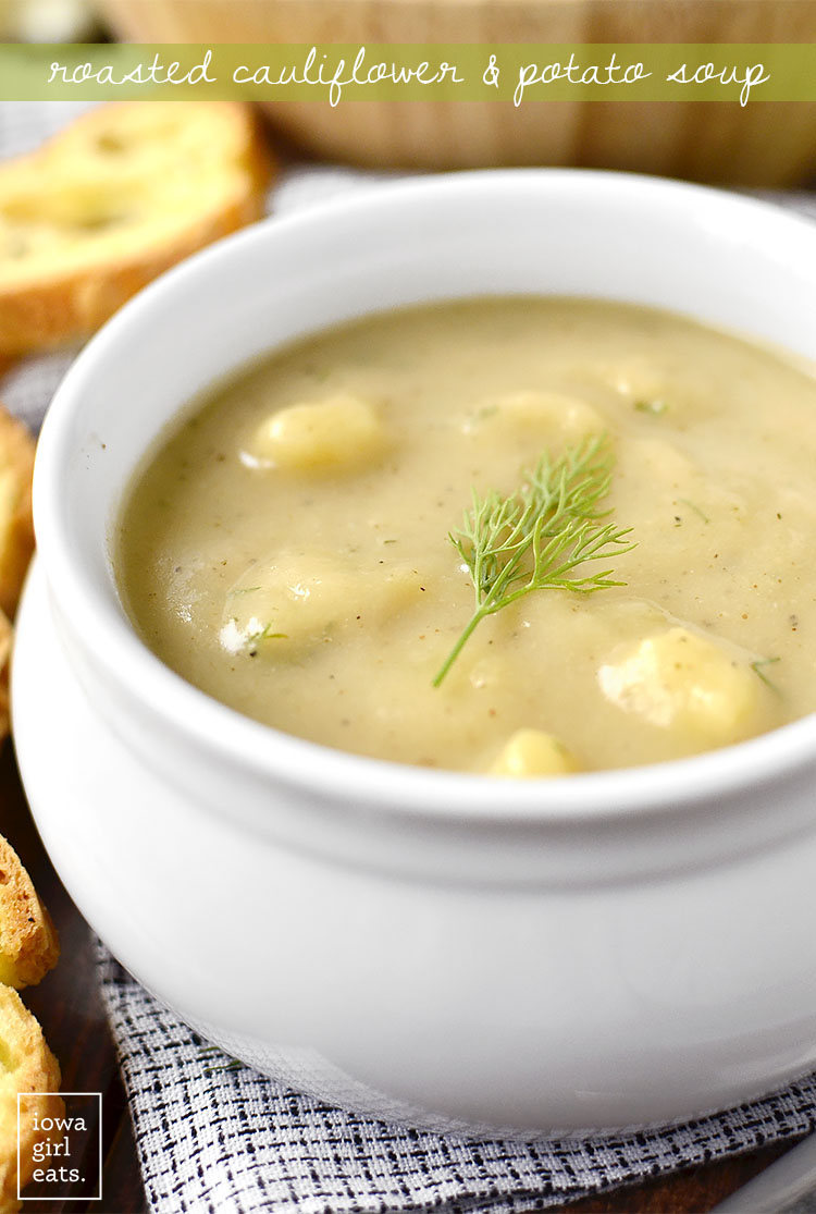 Roasted Cauliflower and Potato Soup is velvety smooth and decadent-tasting yet low-fat, gluten-free, and dairy-free! | iowagirleats.com