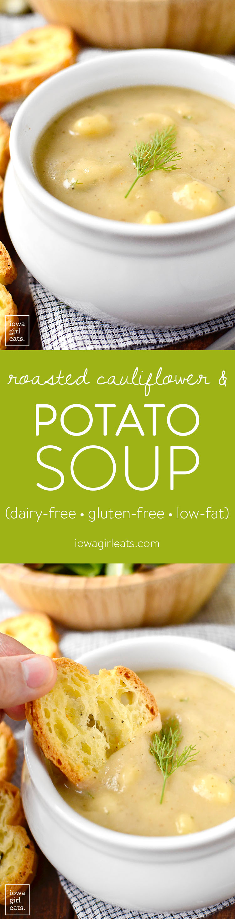 Roasted Cauliflower and Potato Soup is velvety smooth and decadent-tasting yet low-fat, gluten-free, and dairy-free! | iowagirleats.com
