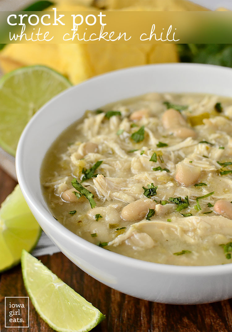 Crock Pot White Chicken Chili is hearty and filling yet low-fat, gluten and dairy-free! | iowagirleats.com