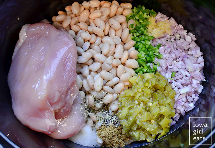 ingredients for crockpot white chicken chili in the slow cooker