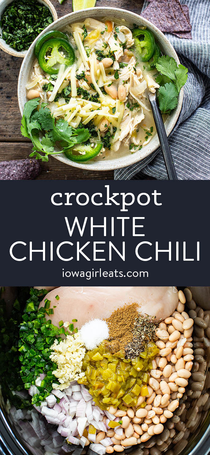 bowl of crock pot white chicken chili with fresh cilantro on top