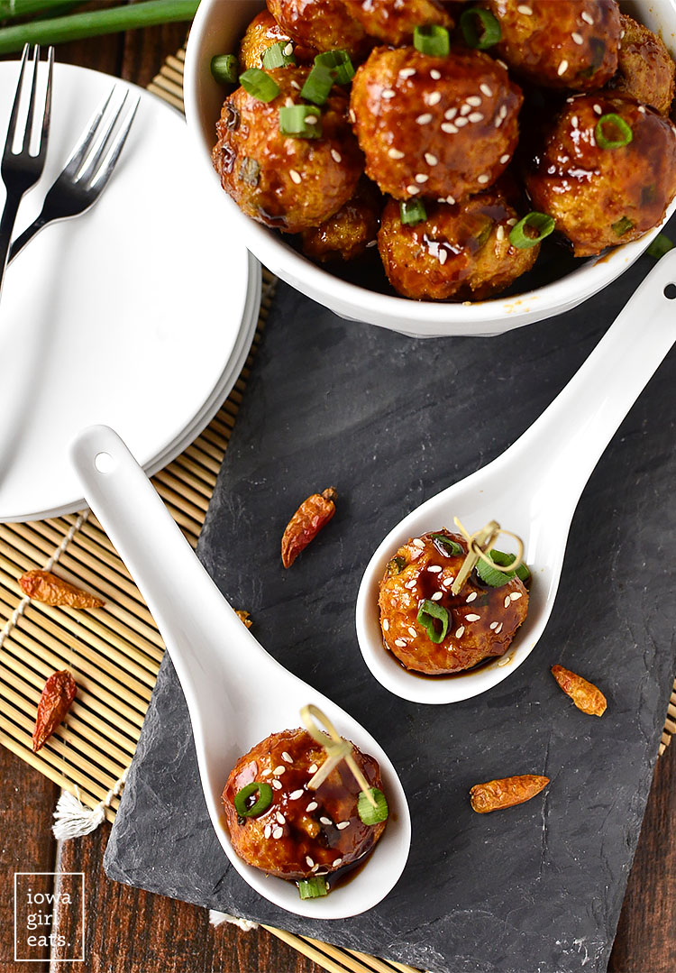Kung Pao Chicken Meatballs are the perfect bite-sized game day or party appetizer! | iowagirleats.com