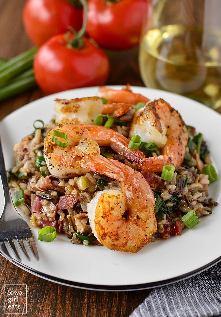 Shrimp and Wild Rice Skillet is healthy and hearty. A craveable gluten-free dinner recipe! | iowagirleats.com