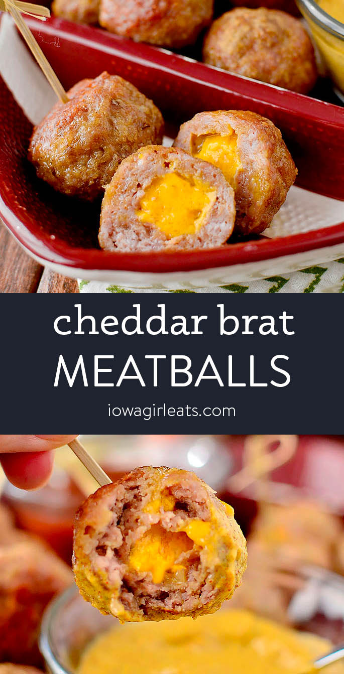 Photo collage of of Cheddar Brat meatballs with 3 dipping sauces