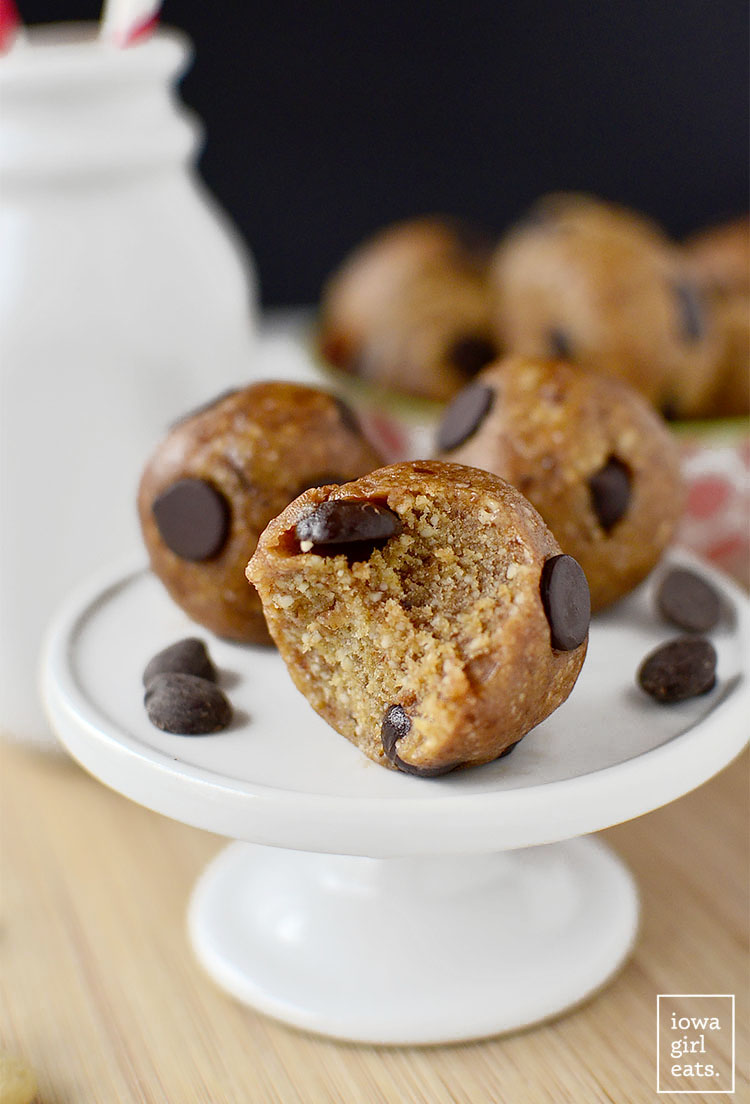 Chewy Chocolate Chip Cookie Dough Bites are little bites of Heaven - naturally sweetened, vegan, and gluten-free, these bites are the perfect cure for a sweet tooth! | iowagirleats.com