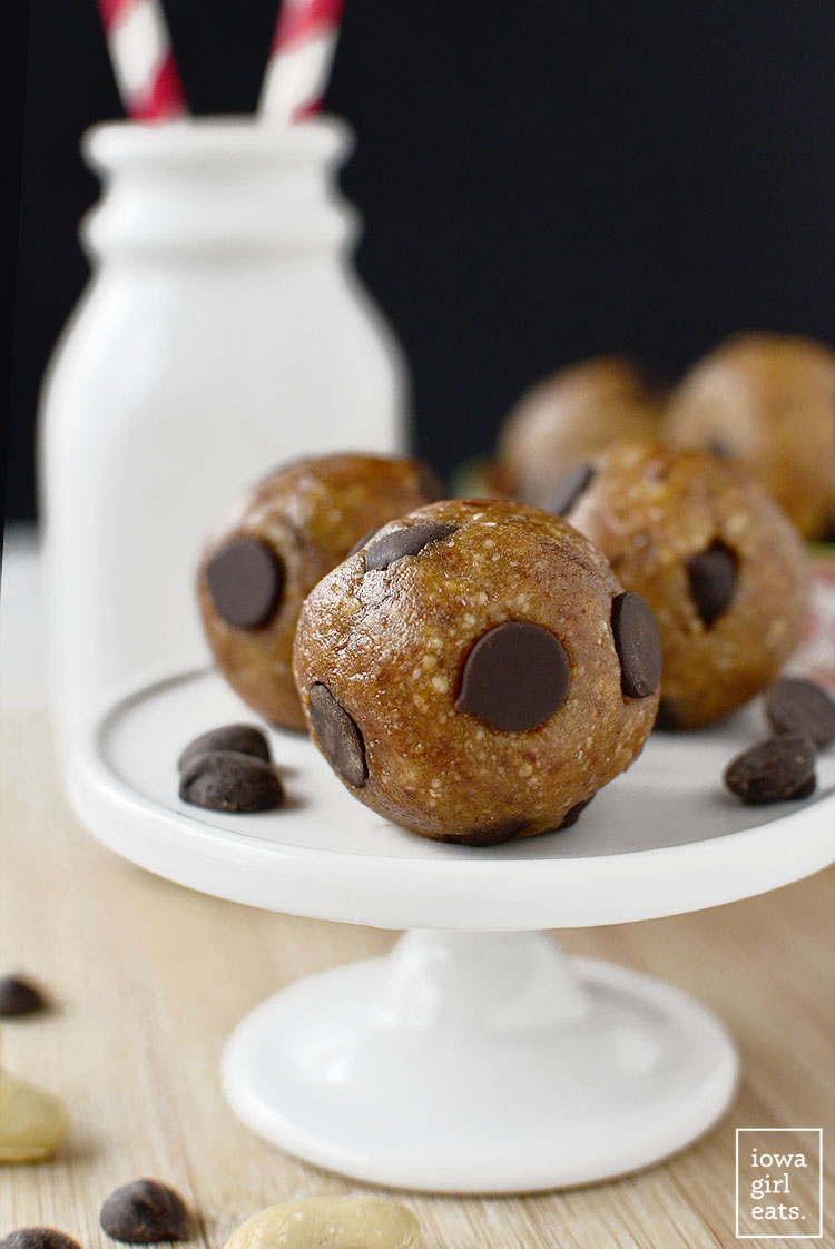 Chewy Chocolate Chip Cookie Dough Bites are little bites of Heaven - naturally sweetened, vegan, and gluten-free, these bites are the perfect cure for a sweet tooth! | iowagirleats.com