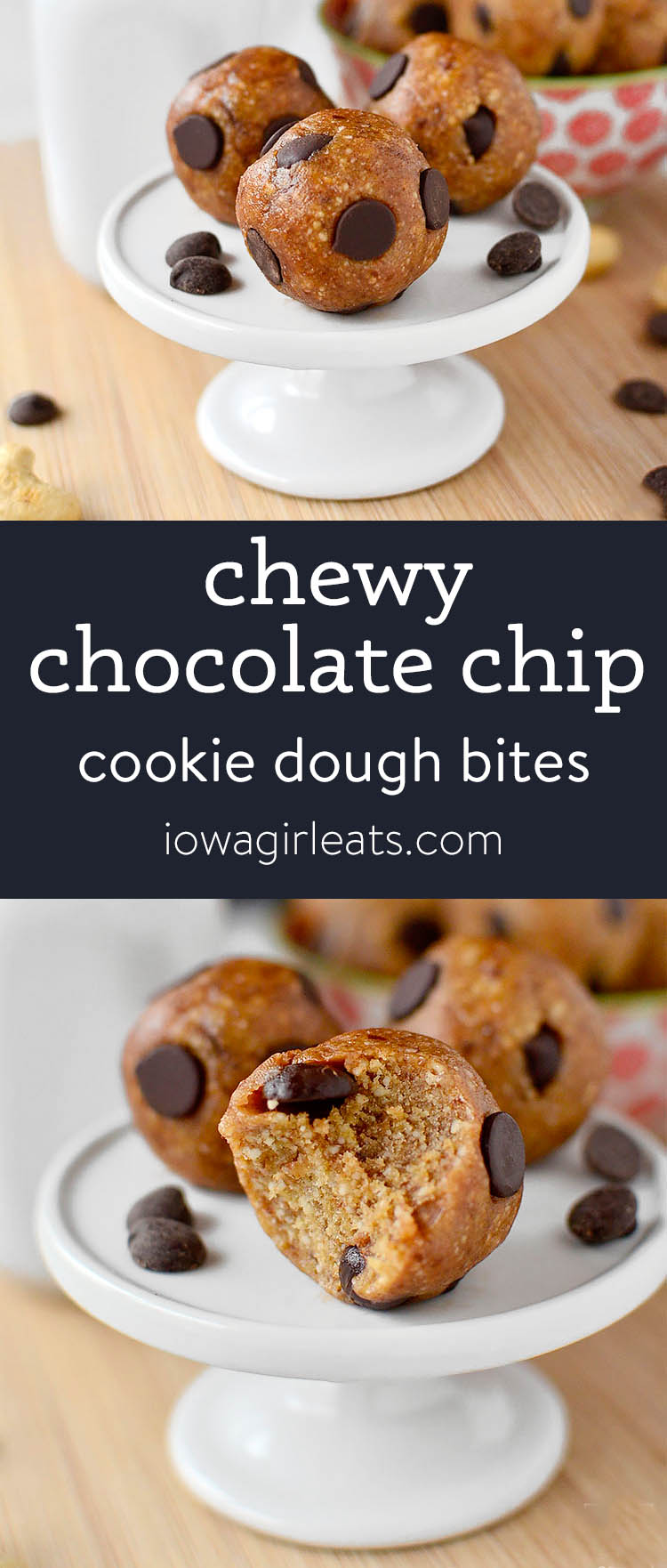 Photo collage of chewy chocolate chip cookie dough bites