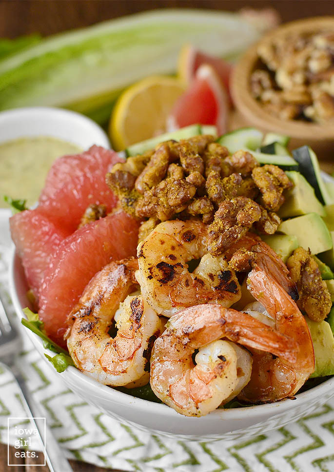Grapefruit + Avocado Shrimp Bowls with Umami Walnuts are fresh and healthy, with a delicious and addicting walnut topping! | iowagirleats.com