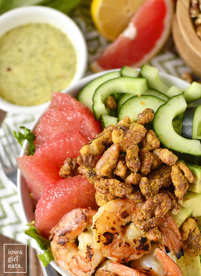 Grapefruit + Avocado Shrimp Bowls with Umami Walnuts are fresh and healthy, with a delicious and addicting walnut topping! | iowagirleats.com